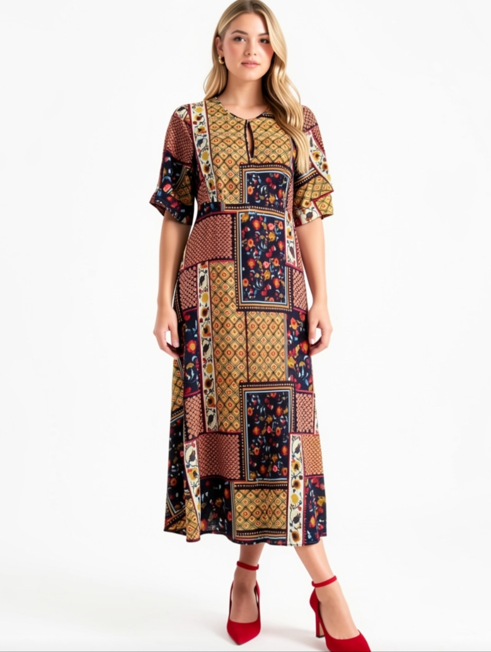 M🌸Zara Patchwork Print Maxi Dress in Navy, Mustard & Red Accents